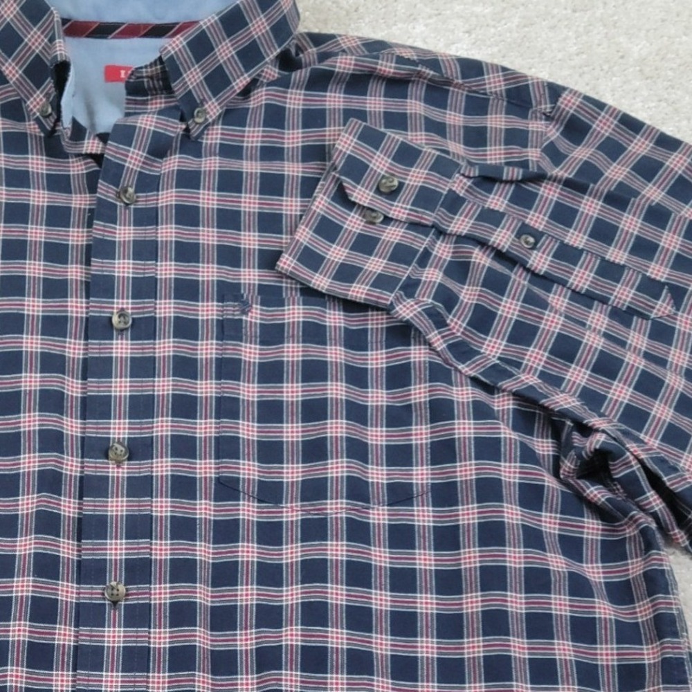 IZOD Button Down Shirt Mens Large Blue Red Plaid Long Sleeve Pocket